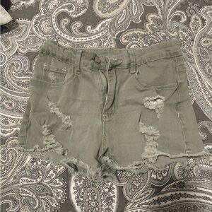 Olive Green Distressed Denim Shorts